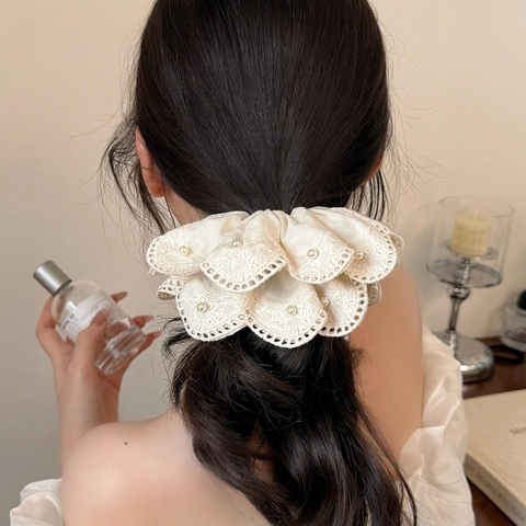 Große Spitze Haargummis Für Damen Mit Künstlichen Perlen Handgefertigte Doppelschichtige Haargummis Süße Haarbänder Elegante Pferdeschwanz Halter Haarschmuck