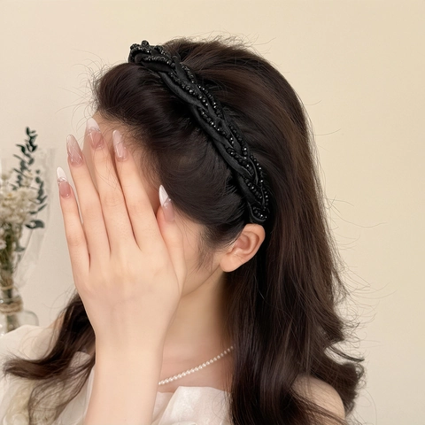 Cerchietto da Donna Stile Coreano Nero Intrecciato in Rete Con Strass Perline Torsione Fascia per Capelli Antiscivolo Accessorio