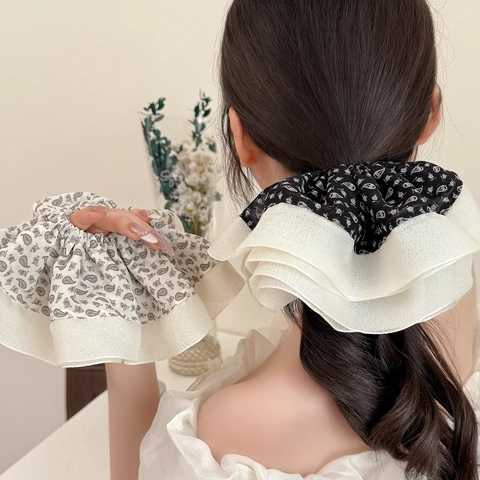 Großes Mesh Paisley Haargummi Für Damen Gestuftes Rüschen Haarseil Eleganter Floral Gefalteter Haarschmuck Vintage Ponytail Halter