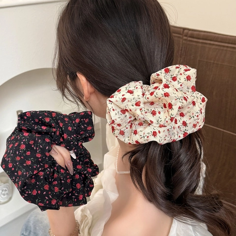 Coleteros de Tela con Flores Vintage para Mujer Gomas de Pelo Elásticas Plisadas Grandes Estilo Coreano Cuerda de Pelo de Flor