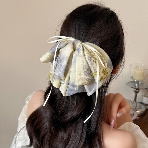 Fermaglio per Capelli con Fiocco Floreale in Stile Cinese Vintage Elegante Nastro in Tessuto con Ciondolo in Strass per Donna