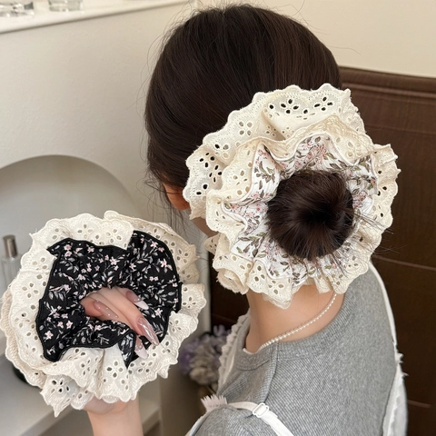 Coletero de Encaje Floral Vintage Francés Doble Capa Lazo Grande para el Cabello para Mujer Accesorios Estéticos para el Cabello