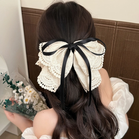 French Elegant Lace Bowknot Hair Clip Bohemian Cream Embroidery Floral Hair Claw With Black Satin Ribbon For Women Hair Accessories