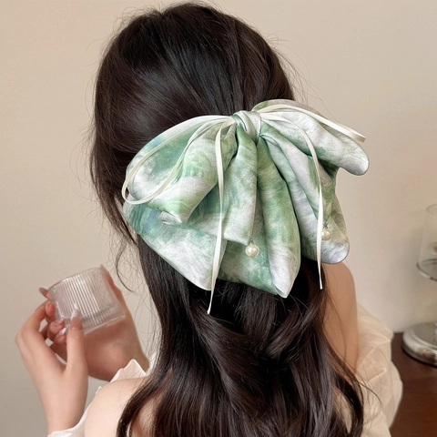 Grande Fermaglio per Capelli con Fiocco in Raso Francese Tinta a Nodo Verde Nastro di Raso Pendente di Künstliche Perle Elegante Accessori Vintage Donna