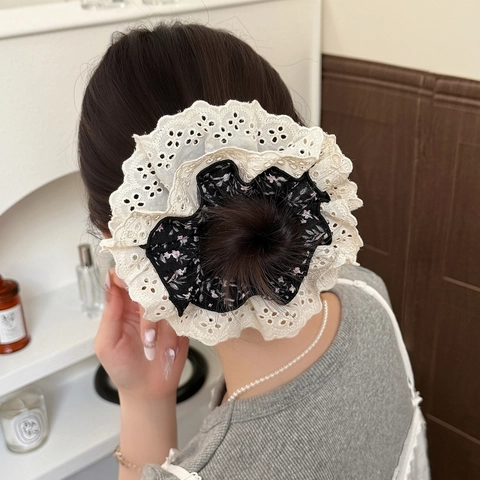 Coletero de Encaje Floral Vintage Francés Doble Capa Lazo Grande para el Cabello para Mujer Accesorios Estéticos para el Cabello