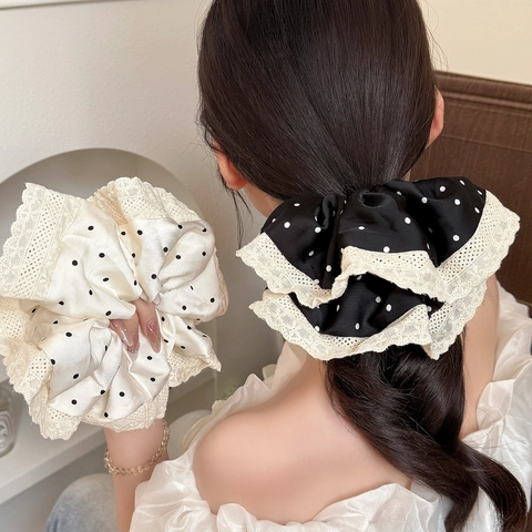 Vintage Polka Dot Lace Edge Hair Scrunchie Oversized Satin Fabric Ponytail Holder Sweet Elegant Hair Tie For Women Girls