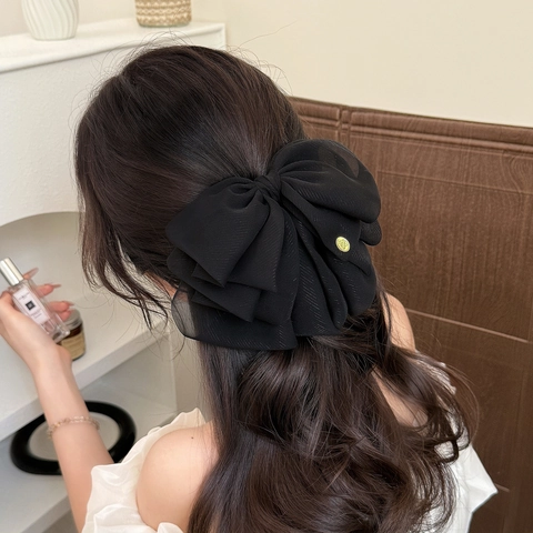 Grande Fermaglio per Capelli con Fiocco a Strati per Donna Francese Elegante Raso Chiffon Farfalla Artiglio per Capelli Matrimonio