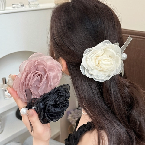 Elegante Fermaglio per Capelli Rosa in Organza Con Perla Artificial Sintetica Dolce Clip a Molla in Rete per Donna Accessorio per Capelli Sposa