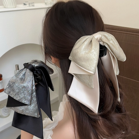 Fermaglio per Capelli a Pinza Grande in Raso con Fiocco Elegante Francese con Patchwork Metallico Luccicante Accessori Donna