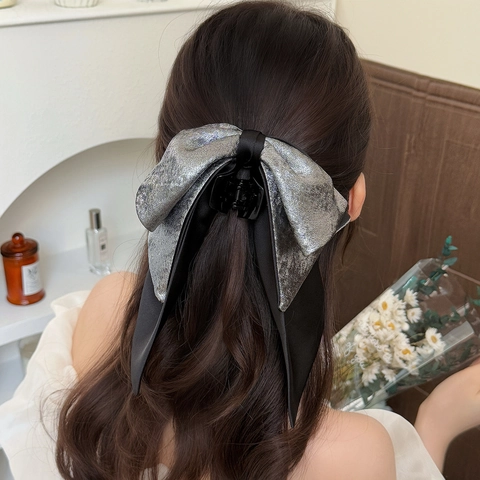 Fermaglio per Capelli a Pinza Grande in Raso con Fiocco Elegante Francese con Patchwork Metallico Luccicante Accessori Donna