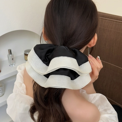 Elegant Satin Mesh Large Scrunchie For Women Pleated Contrast Color Hair Tie Elegant Handmade Double Layer Hair Accessories