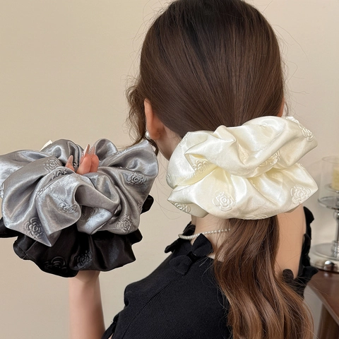 Elegant Camellia Satin Scrunchies For Women Oversized Floral Embroidery Elastic Hair Ties Solid Color Hair Bands Accessories