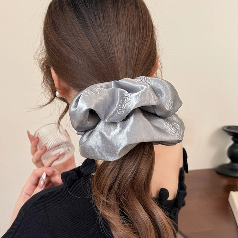 Elegant Camellia Satin Scrunchies For Women Oversized Floral Embroidery Elastic Hair Ties Solid Color Hair Bands Accessories