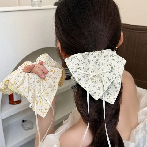 Elastico per Capelli in Tessuto Floreale Stile Francese Con Fiocco in Nastro di Perle Artificiali Elastico Grande Donna