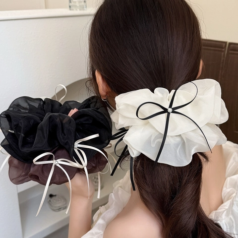 Elastico per Capelli in Stile Balletto Francese in Rete di Organza Con Fiocco di Nastro e Perla Artificiale Elastico Grande per Donna