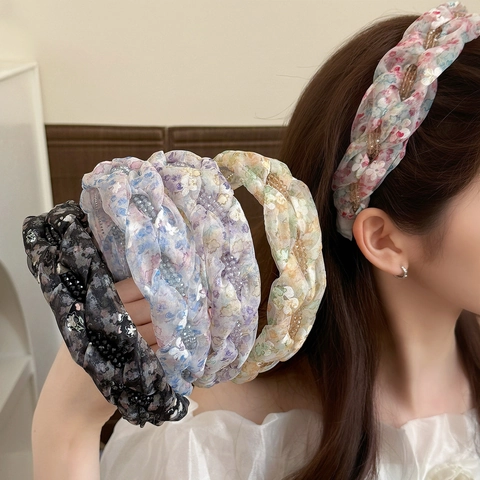 French Style Floral Mesh Braided Headband Sweet Flower Hair Hoop Wide Side Handmade Thickened Hair Accessories For Women