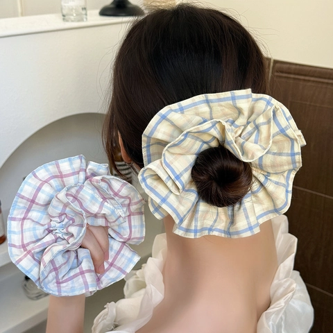 Koreanischer Stil Kariert Großer Haargummi Frischer Stoff Plissiert Elastisches Haarband Süßer Pferdeschwanzhalter Für Damen Dekor