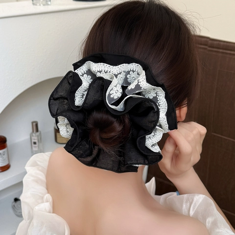 Chouchou en Maille et Dentelle Style Coréen Quatre Couches Haute Élasticité pour Femmes Vintage Noir Bleu Accessoires de Coiffure