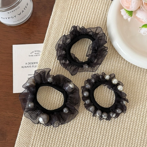 Eleganti Elastici per Capelli in Rete Nera con Perle Artificiali e Strass Donna Elastici ad Alta Elasticità Fatti a Mano Stile Coreano