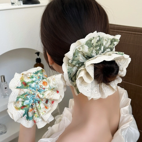 French Style Floral Print Scrunchie With Lace Edge Large Hair Ring Elastic Hair Band For Women Hair Ties Hair Accessories