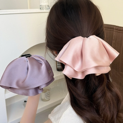 Large Satin Bow Hair Claw Clip Elegant French Style Silk Texture Ponytail Clip Floral Striped Hair Accessories For Women