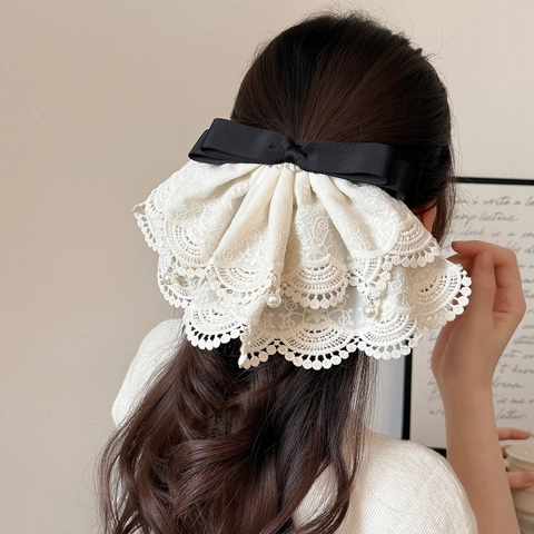 Fermaglio per Capelli con Fiocco in Pizzo Beige Vintage Francese con Perla Artificiale Elegante Clip a Molla Accessori per Capelli