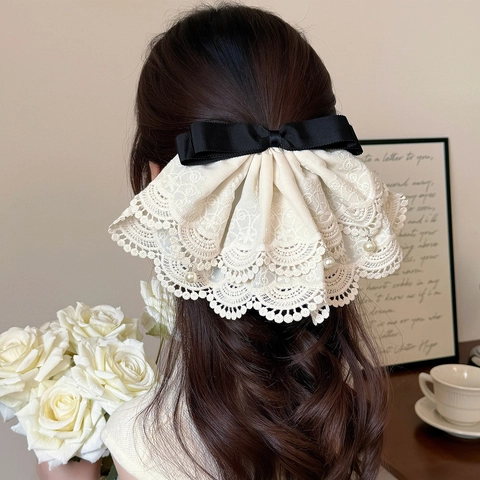 Fermaglio per Capelli con Fiocco in Pizzo Beige Vintage Francese con Perla Artificiale Elegante Clip a Molla Accessori per Capelli
