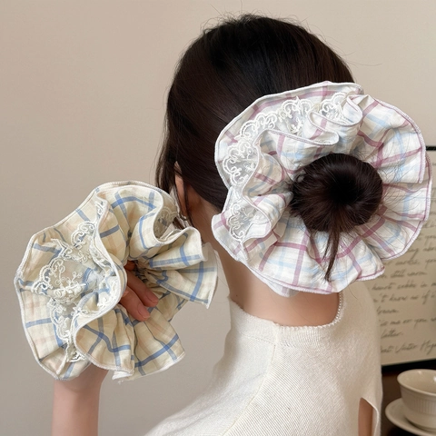 Coletero de Tela a Cuadros Estilo Coreano Con Borde de Encaje Elástico para Cabello Dulce a la Moda para Mujer Accesorios para Cabello