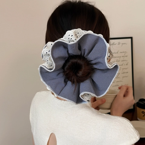 Chouchou en Tissu Large Vintage Français Avec Motif à Carreaux Broderie en Dentelle Volants Élastique Porte-Queue de Cheval Femme