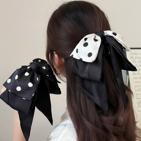 Pinza para el Pelo con Lazo Grande de Tela de Satén con Lunares Estilo Coreano con Cinta Larga Accesorios Elegantes para el Cabello para Mujer