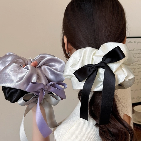 Elegante Coletero de Satén con Lazo y Cinta Larga Dulce Goma para el Pelo Plisada Accesorios de Moda para el Cabello Mujer
