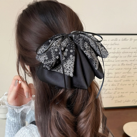 Pince à Cheveux Nœud Paisley Vintage Grand Satin Double Couche Floral Queue de Cheval Accessoires Cheveux Femme
