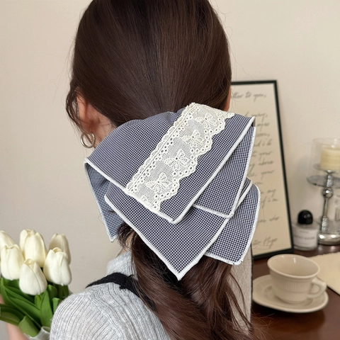 Korean Plaid Fabric Scrunchies With Lace Trim Large Pleated Hair Tie Vintage Hair Accessories For Women