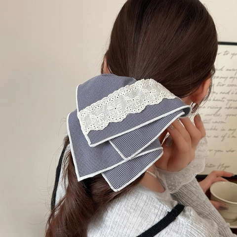 Korean Plaid Fabric Scrunchies With Lace Trim Large Pleated Hair Tie Vintage Hair Accessories For Women