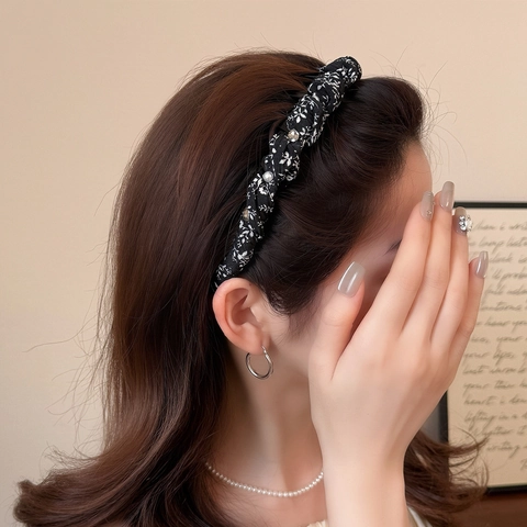 Diadema Vintage de Tela Floral Con Perlas Artificiales Artificiales Diamantes de Imitación Peine Antideslizante Banda De Cabello Coreana Para Mujer Diario