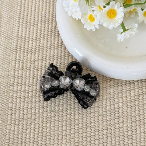 Elegante Fermaglio per Capelli a Granchio con Fiocco in Rete Nera e Cuore di Strass Accessori per Capelli in Stile Francese