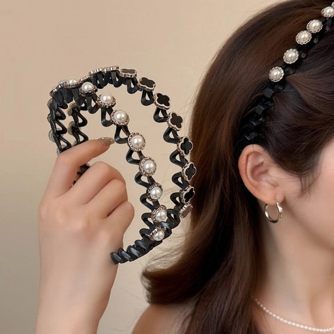Elegante Cerchietto Ondulato per Donna Con Künstliche Perle Sintetiche Quadrifoglio Antiscivolo in Resina Accessori per Capelli alla Moda