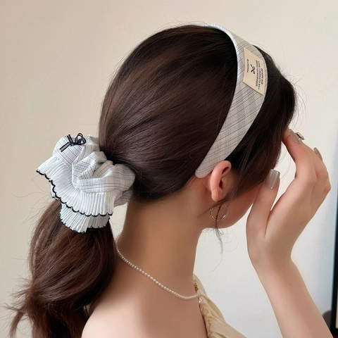 Vintage Plaid Fabric Hair Accessories For Women French Sweet Pleated Bowknot Scrunchies Wide Side Hairband BB Clips Elegant Headwear