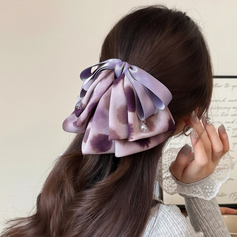 Große Lila Schleife Haarklammer Layered Batik Satinband Pferdeschwanz Clip Mit Kristall Anhänger Elegante Haarschmuck Für Damen