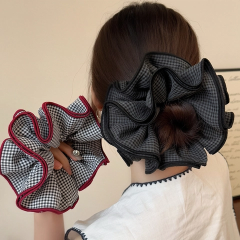 Grande Scrunchie in Tessuto a Quadretti a Quattro Strati Elastico per Capelli Alta Elasticità Bordo a Contrasto Accessori Capelli Donna