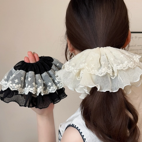 Grand Chouchou en Maille et Dentelle Broderie Plissé Élégant Français Accessoires de Cheveux Femme Bijoux Cadeau
