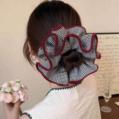 Grande Scrunchie in Tessuto a Quadretti a Quattro Strati Elastico per Capelli Alta Elasticità Bordo a Contrasto Accessori Capelli Donna