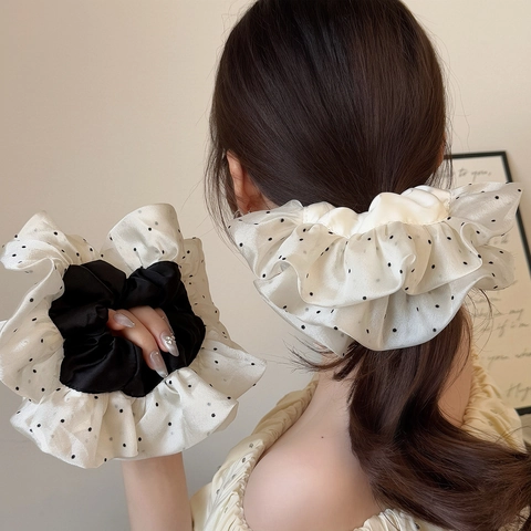 Oversized Gaas Scrunchie Met Stippen Geplisseerd Ruffle Ponytail Holder Grote Organza Haarband Voor Vrouwen