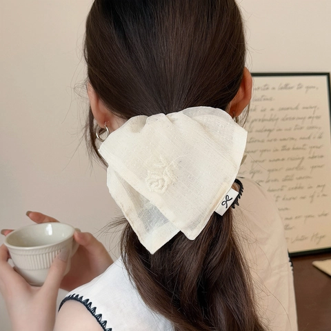 Scrunchie Grande in Rete con Ricamo Rosa Vintage per Donna Elegante Elastico per Capelli in Chiffon Crema Accessori per Capelli