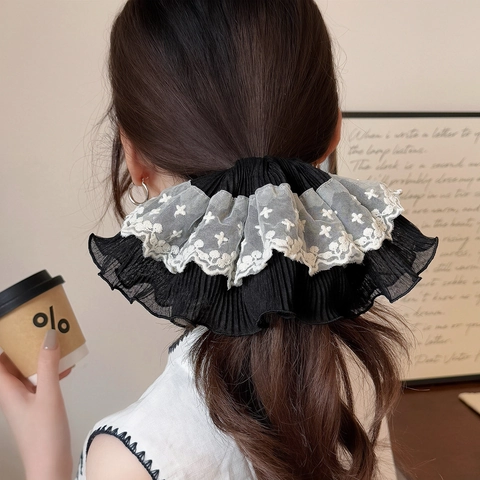 Grand Chouchou en Maille et Dentelle Broderie Plissé Élégant Français Accessoires de Cheveux Femme Bijoux Cadeau