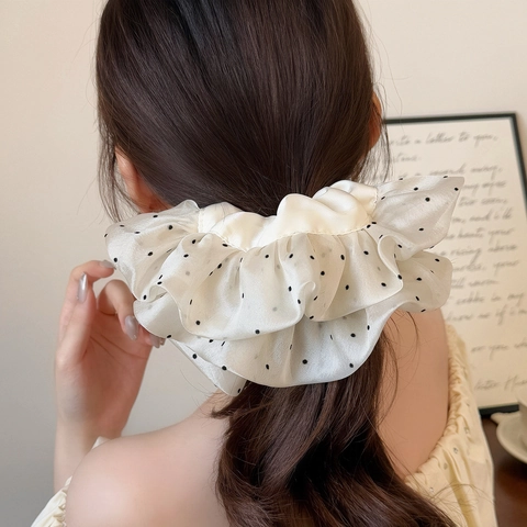 Oversized Gaas Scrunchie Met Stippen Geplisseerd Ruffle Ponytail Holder Grote Organza Haarband Voor Vrouwen