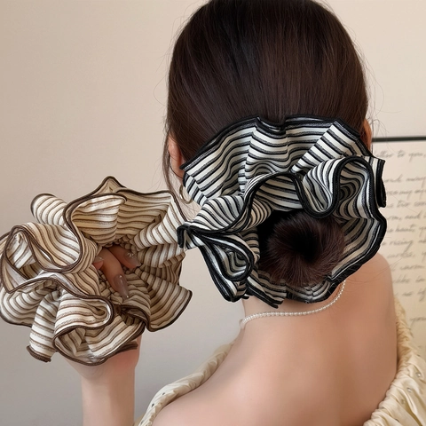 Koreanischer Stil Vintage Gestreift Stoff Große Haargummi Plissee Haargummi Elegant Schleife Haarseil Damen Haarschmuck