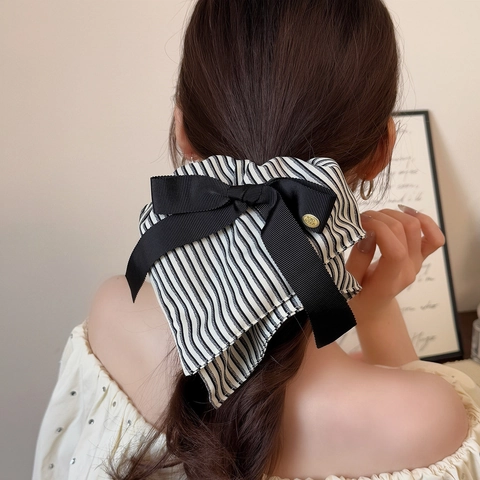 Koreanischer Stil Vintage Gestreift Stoff Große Haargummi Plissee Haargummi Elegant Schleife Haarseil Damen Haarschmuck