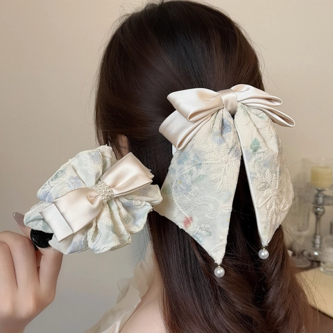 Fermaglio per Capelli con Fiocco in Pizzo e Perle Stile Francese per Donna Raso Crema Ricamo Floreale Pinza per Capelli Elegante Fermaglio Coda Gioielli