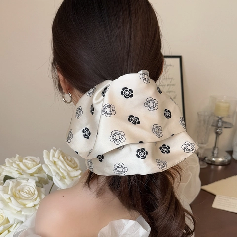 Elegante Fermaglio per Capelli con Fiocco in Satin con Stampa Camelia Francese Grande Clip a Squalo per Donna Ragazza Accessori per Capelli